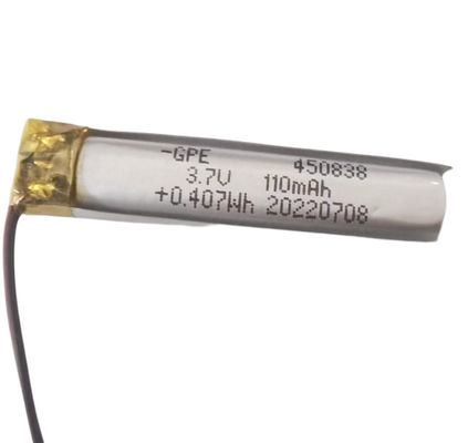 작은 3.7V 사이즈 리튬-폴리머 전지, 450838 110mAh Li 폴리머 3.7V 배터리